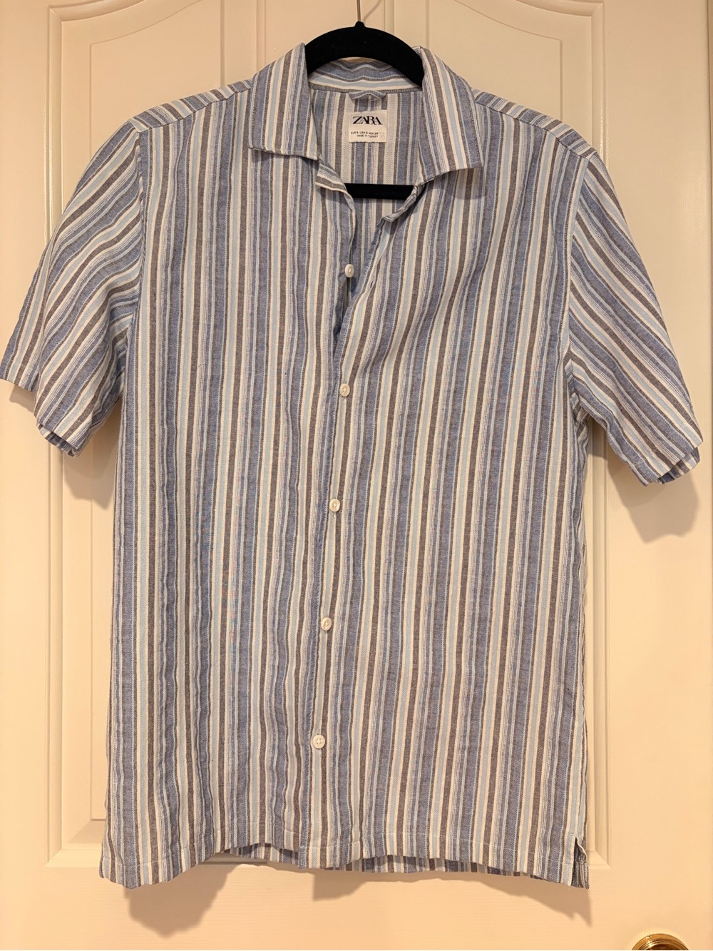 Zara Men Blue, White & Tan Striped Short-Sleeve Button-Down Linen Blend Shirt